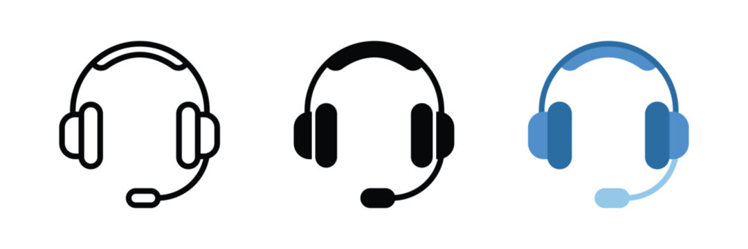 Customer support headset icon set. Call center and technical support symbol in outline, silhouette and flat color style. Online service and communication vector illustration.