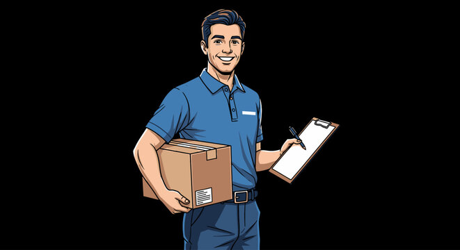 Delivery man holding cardboard box.