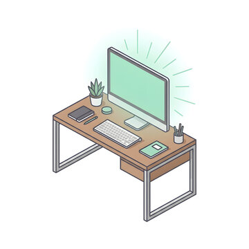 Isometric view of a neatly organized home office desk with computer and plants.