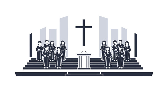 Christian Choir Singing Worship Music in Church with Cross and Pulpit