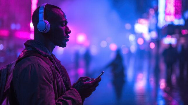 Urban night portrait: smartphone light in the hands of a man wearing wireless headphones beneath vibrant neon signs