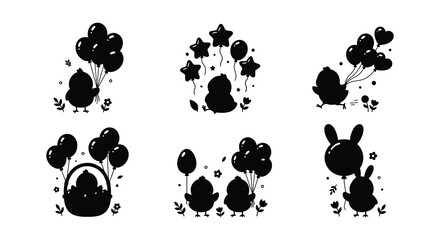 Black Silhouette Of Chicks Holding Balloons Vector Illustration © MdNirob
