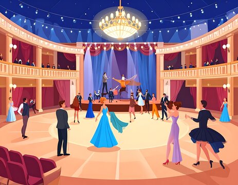 People dancing in a ballroom with stage.