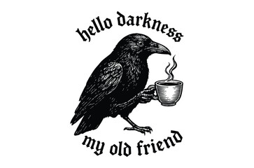 Obraz premium Raven Holding Coffee Cup Black Silhouette Illustration On White Background