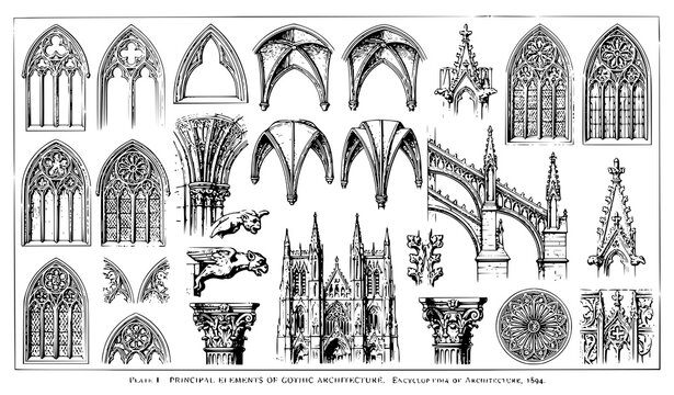 Historic Gothic building engraving antique architectural illustration