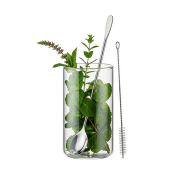 Mint leaves in glass with bar spoon and muddler