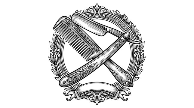 Vintage Barber Tools Emblem with Straight Razor Comb and Laurel Wreath
