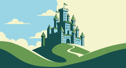 Cartoon castle on hill with clouds and sky illustrative vector design © Gunting