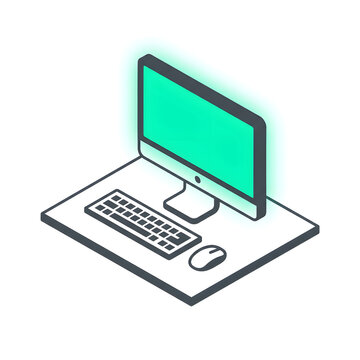 Isometric computer setup with glowing monitor, keyboard, and mouse on a desk.