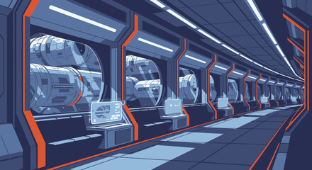 Futuristic interior design illustration hallway with technology and windows © Gunting
