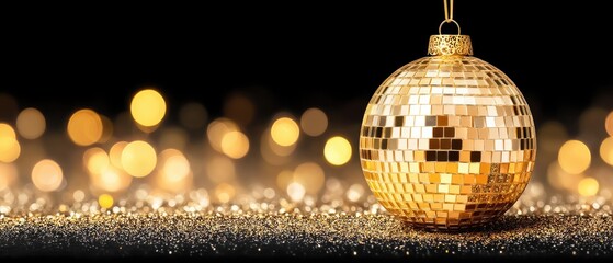 Obraz premium Golden disco ball reflects light and creates sparkles on a surface in a dimly lit setting with a warm glow, enhancing the festive atmosphere during a celebration