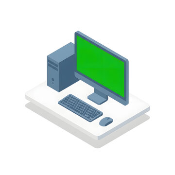 Modern computer setup isometric view on desk with monitor keyboard and mouse.