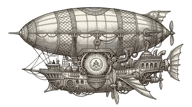 Intricate Steampunk Airship Illustration with Detailed Mechanical Components and Propellers