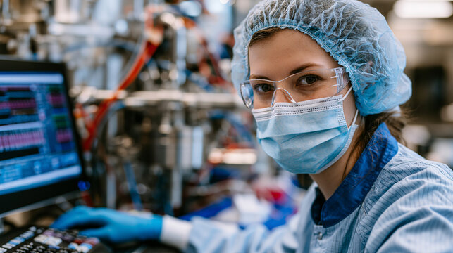 Cell therapy manufacturing specialist inspecting T cell expansion bioreactor system used in cancer treatment production, good manufacturing practice technician verifying sterility testing results fo