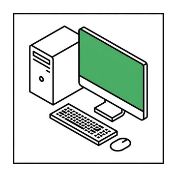 Line art computer setup isometric view monitor keyboard and mouse for office.
