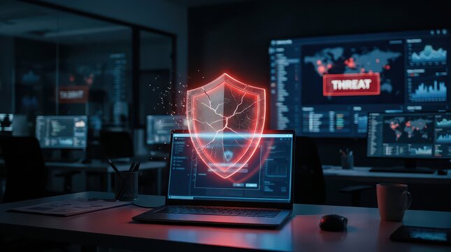 A laptop displays a cracked digital shield symbolizing a cybersecurity breach in a dark office with threat alerts on multiple screens.