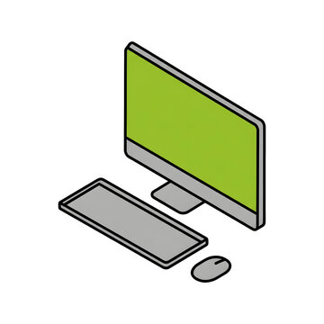 Flat design computer setup with monitor keyboard and mouse on white background.