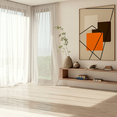 Obraz premium 3D render, illustration Large Luxury modern living room interior, brutalist architecture realistic lighting, Graphic Overlay wide angle, contemporary furniture, clean lines, minimalist decor, elegan