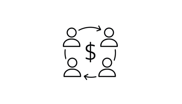 Simple black line icon showing four people in a circle with a dollar sign representing crowdfunding or sharing.