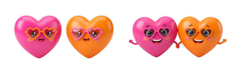 Fototapeta premium Cute cartoon pink and orange heart characters with sunglasses on isolated on transparent background