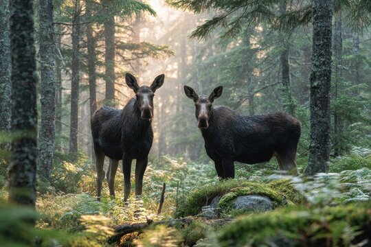 Wildlife moment: two moose standing in peaceful northeastern forest with mist