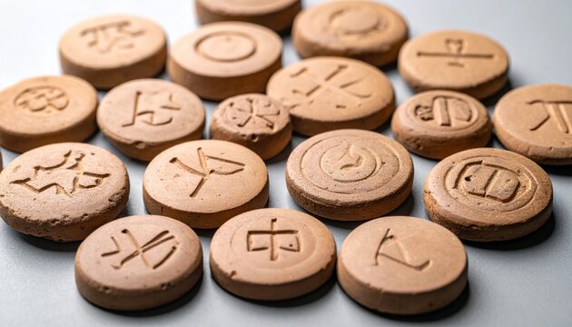 Close-up of a collection of ancient clay bullae, each impressed with unique proto-cuneiform script and symbols.