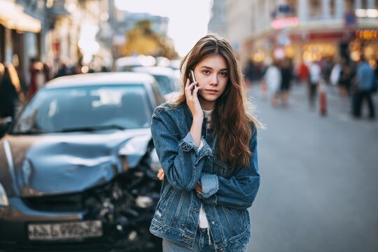 Woman by a damaged car on an urban street making a phone call after a collision