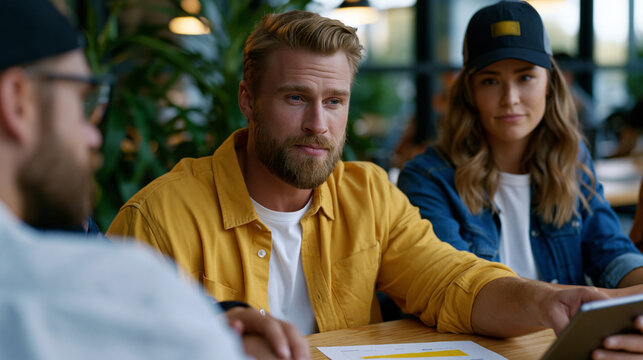 founding team gathered in tense silence around folding table in rented coworking space, printout of declining metrics at center, one member pointing toward new market direction on tablet screen, piv