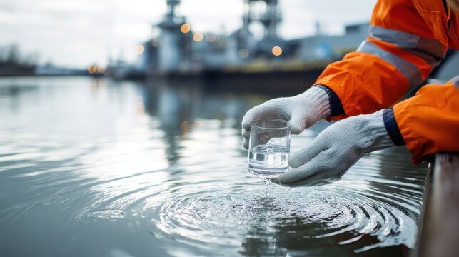 Scientist or environmental worker collecting a water sample in a glass for quality testing at an industrial site.