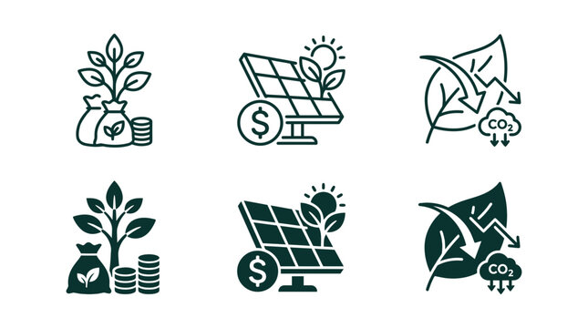 Green finance and environmental impact icon collection with sustainability investment reduction business emission