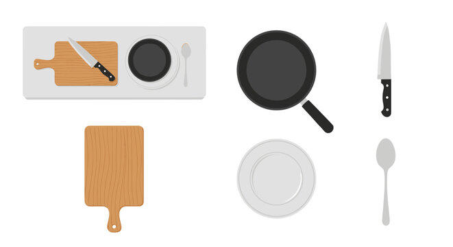 Kitchen Utensils and Cooking Equipment Flat Lay Top View