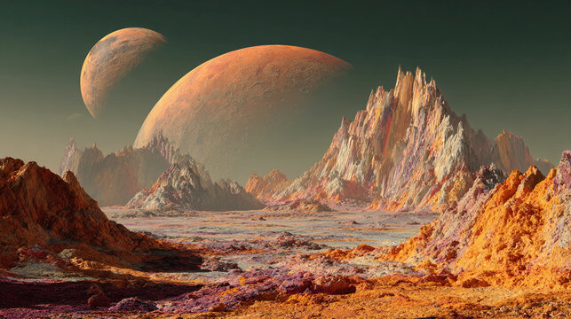The view shows a planet surface with unusual rock formations and two moons in the sky above
