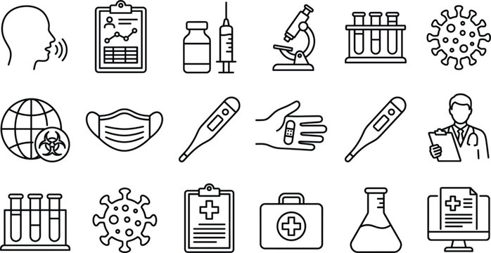 Medical laboratory research and virus pandemic vector line icon set featuring doctor microscope syringe face mask flask thermometer