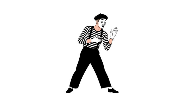 A mime artist performing with an expressive gesture on a white background.