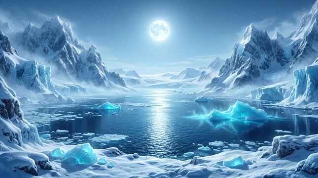 Serene polar arctic landscape under full moon with floating ice fragments landscape mountain wilderness environment beautiful reflection floating tranquil exploration atmosphere starlight