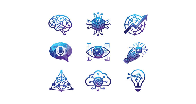 PrintSet of artificial intelligence and technology icons with watercolor texture