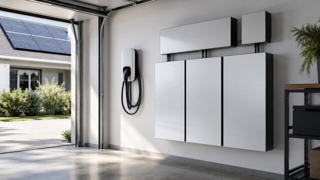 Residential Solar Battery Storage System and EV Charger Installed in Modern Smart Home Garage
