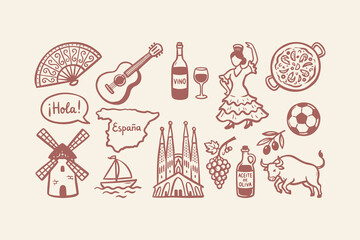 Set of hand drawn spain travel icons featuring flamenco dancer guitar wine and landmarks with pink line art style Vector © Foysal