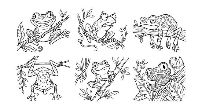 Collection Of Frogs With Decorative Patterns Black And White Vector Illustration