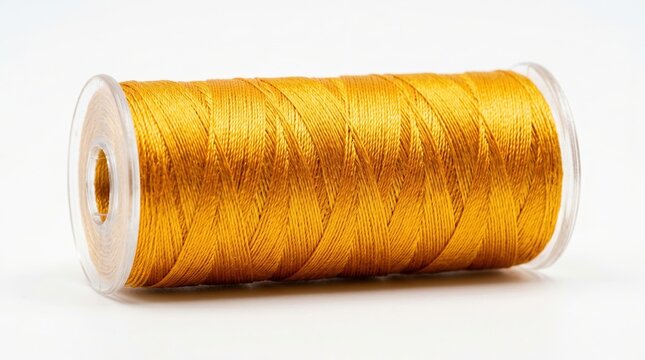 Close up of spool of golden metallic sewing thread with metallic needlework material embroidery industry haberdashery supplies handmade creative isolated background precision polyester