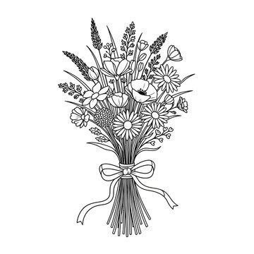 Hand drawn wildflower bouquet line art with ribbon bow.