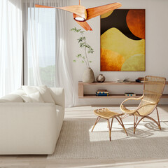 Obraz premium 3D render, illustration Large Luxury modern living room interior, brutalist architecture realistic lighting, Graphic Overlay wide angle, contemporary furniture, clean lines, minimalist decor, elegan