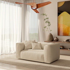 Obraz premium 3D render, illustration Large Luxury modern living room interior, brutalist architecture realistic lighting, Graphic Overlay wide angle, contemporary furniture, clean lines, minimalist decor, elegan