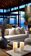 Obraz premium Cozy indoor scene with warm lighting, candles, and a fireplace in a modern living space during evening hours