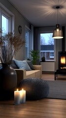 Obraz premium Cozy indoor scene with fireplace and candles creating a warm atmosphere in a well-designed living room during the evening