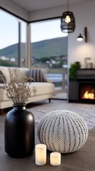 Obraz premium Cozy indoor scene with lit candles, pouf, and fireplace, inviting warmth and comfort during the evening hours