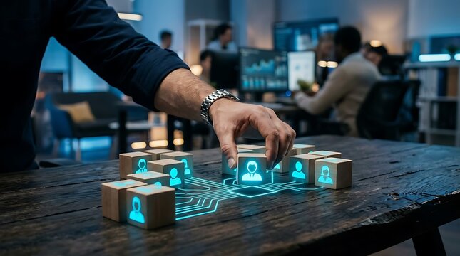 Hand placing a glowing user icon block into a digital network, symbolizing human resource management, team building, and interconnectedness within a modern business setting.