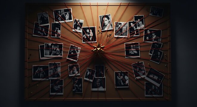 Detective investigation board with photos connected by red string