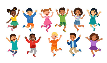 Fototapeta premium Happy Multicultural Kids Character Collection with Smiling Waving Children Cartoon Flat Vector Set