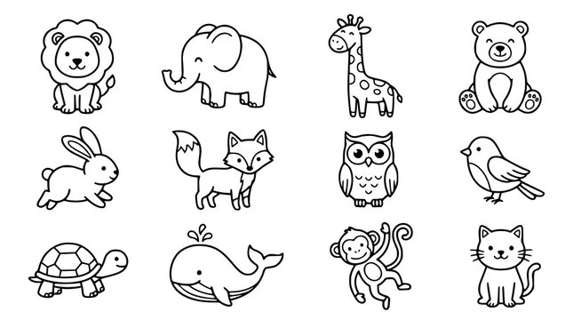 Playful animal line art collection with simple black and white drawings